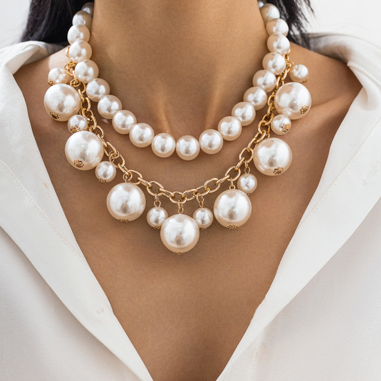 French pearl gold layered collarbone necklace chain