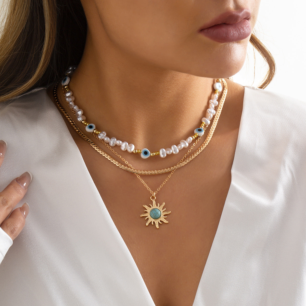 Solar turquoise pendant gold layered pearl necklace