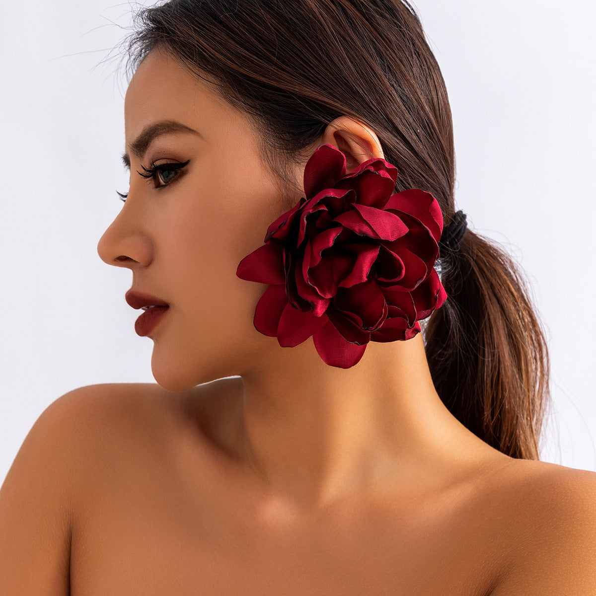 Red Handcrafted Fabric Rose Earrings For Women