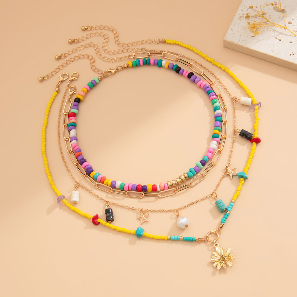 1. Coloful Beaded Gold Pendant Layered Necklace