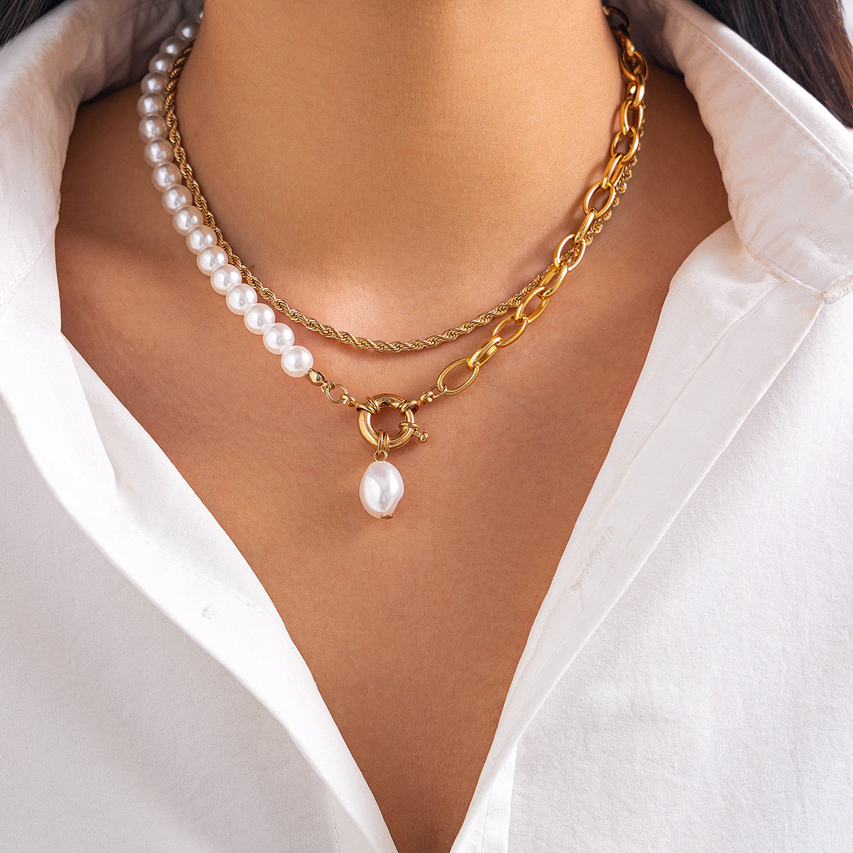  Water droplet pearl pendant gold layering necklace