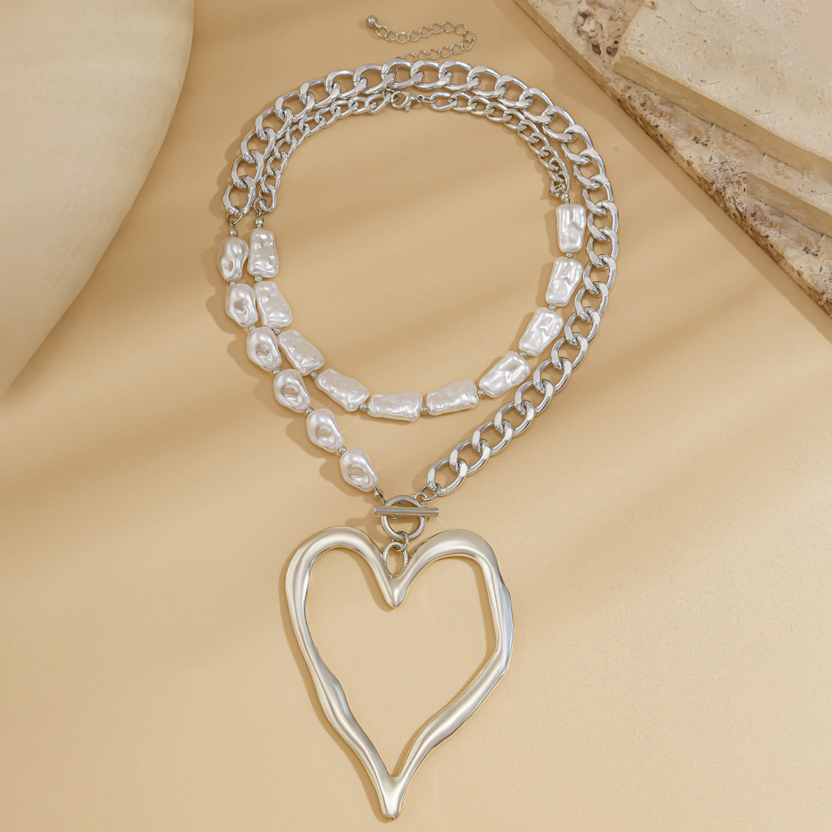 Heart-Shaped Silver Pearl Layered Necklace