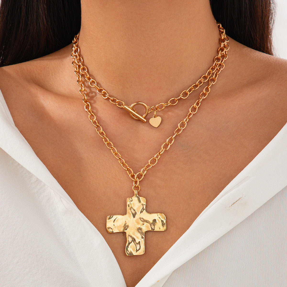 Gold cross buckle layered necklace