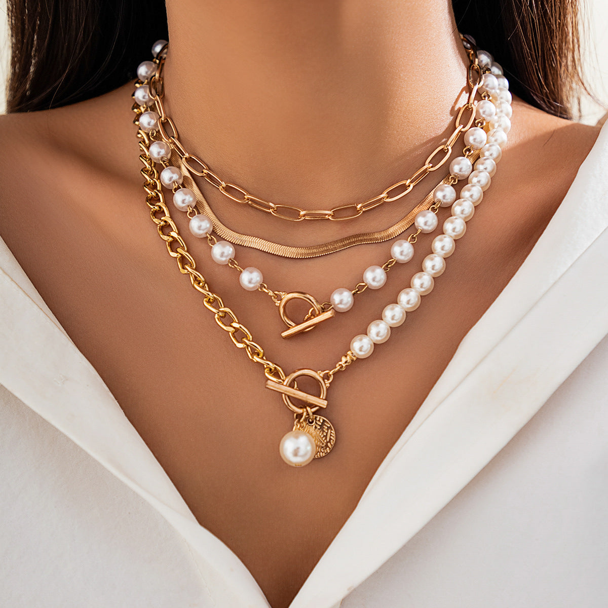 Gold Pearl layering Snake Chain Necklace