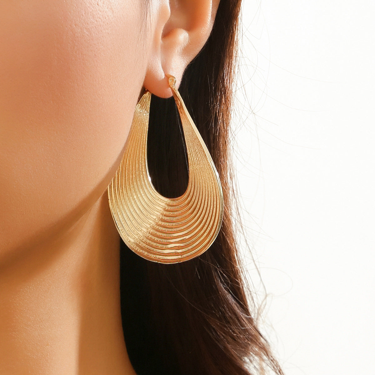 Curved Striped Gold Hoop Dangle Earrings