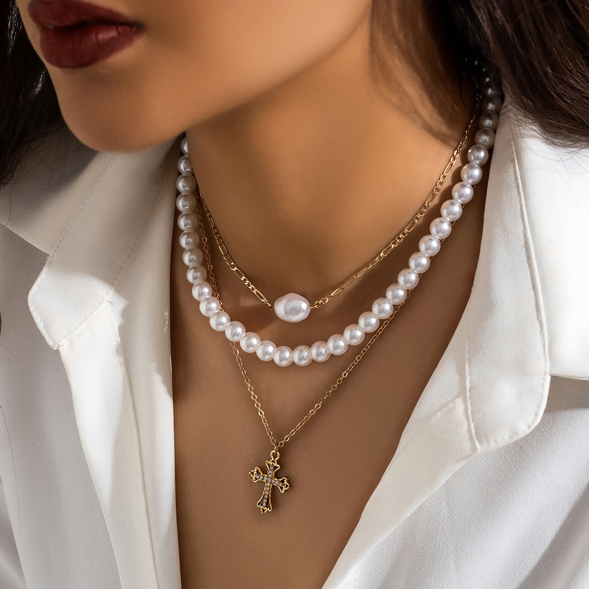 Layered Gold Cross Pearl Necklace