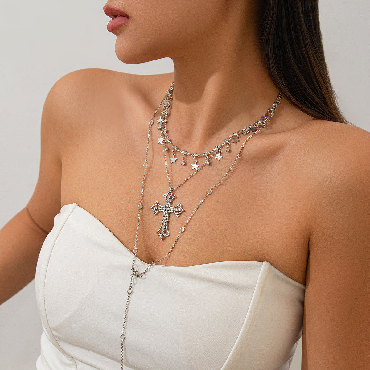 Silver Cross layered necklace