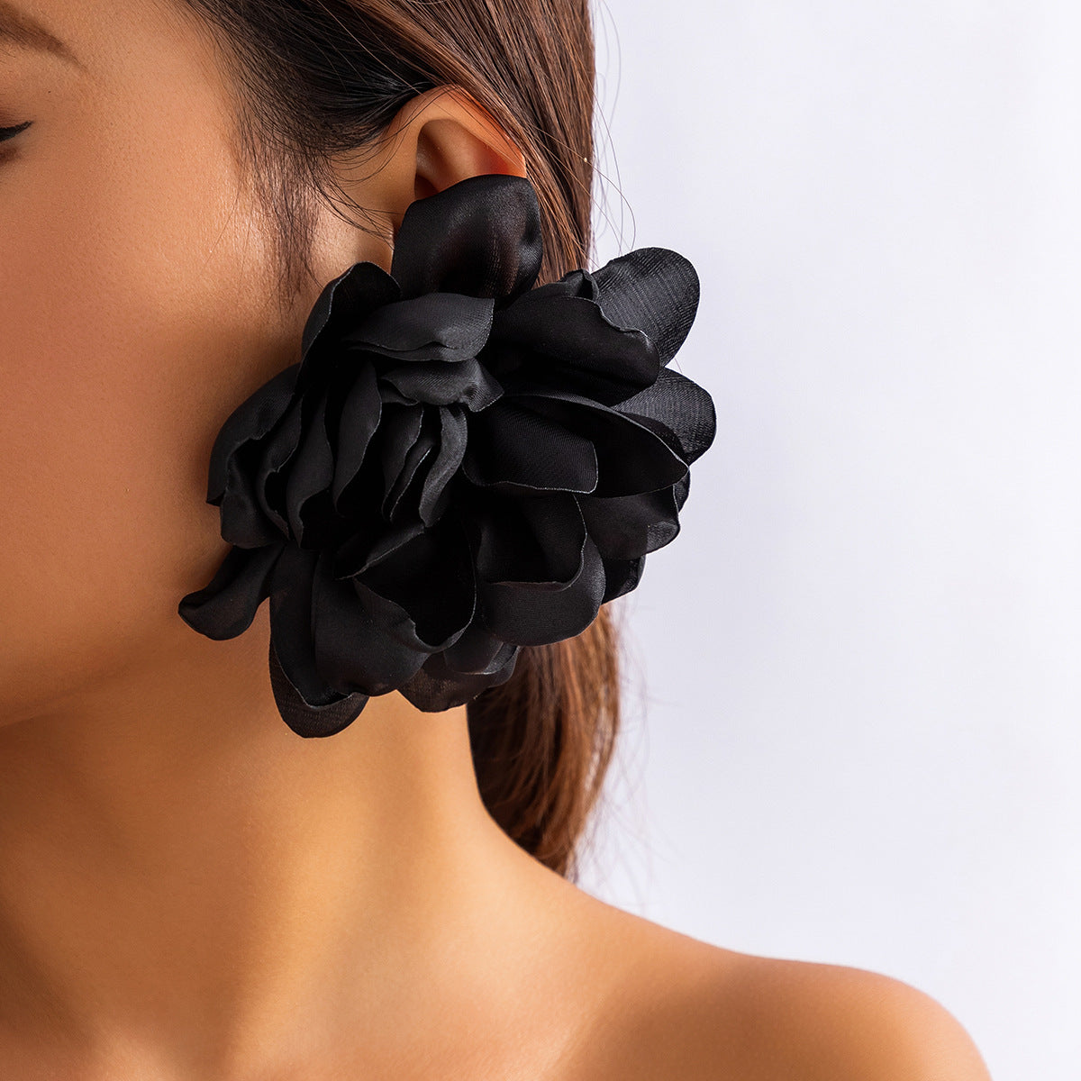 Black Handcrafted Fabric Rose Earrings For Women