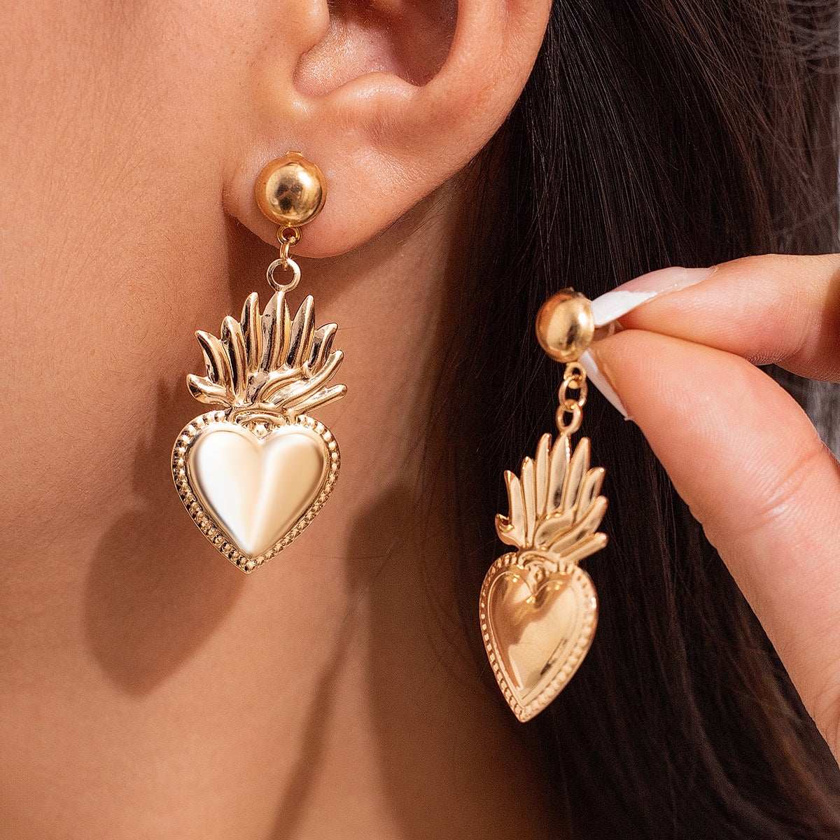 Gold Flame Heart Drop Earrings