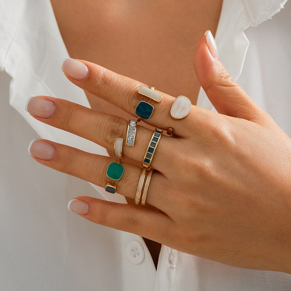 Vintage Green Irregular Alloy Ring Set