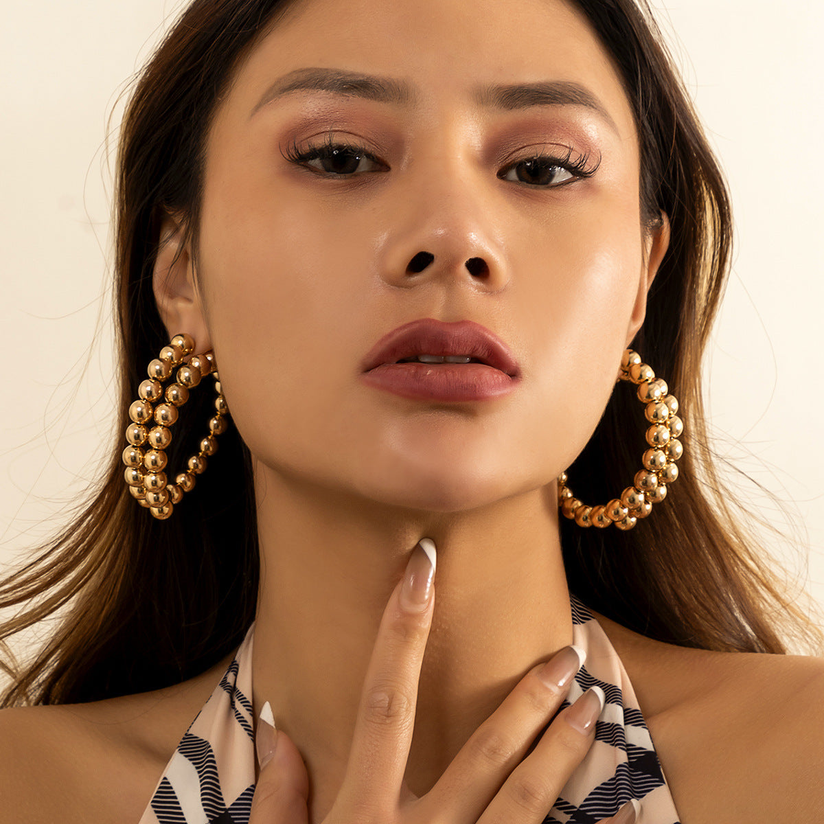 Gold Beaded Hoop Drop Earrings