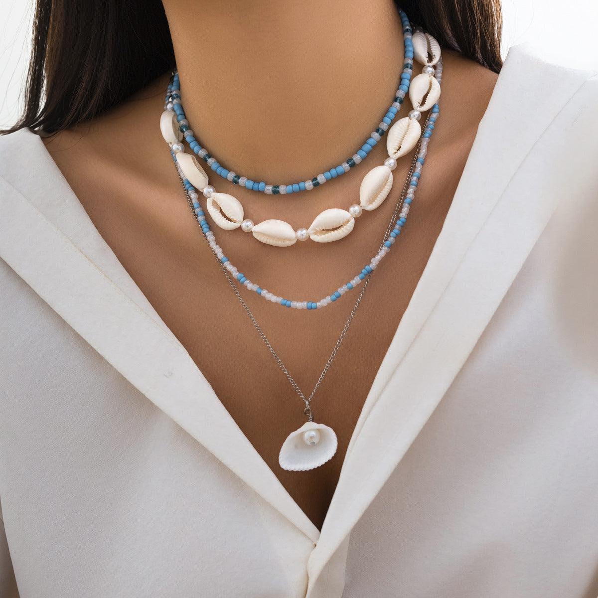 Beach Blue Chain Necklace Set For Women