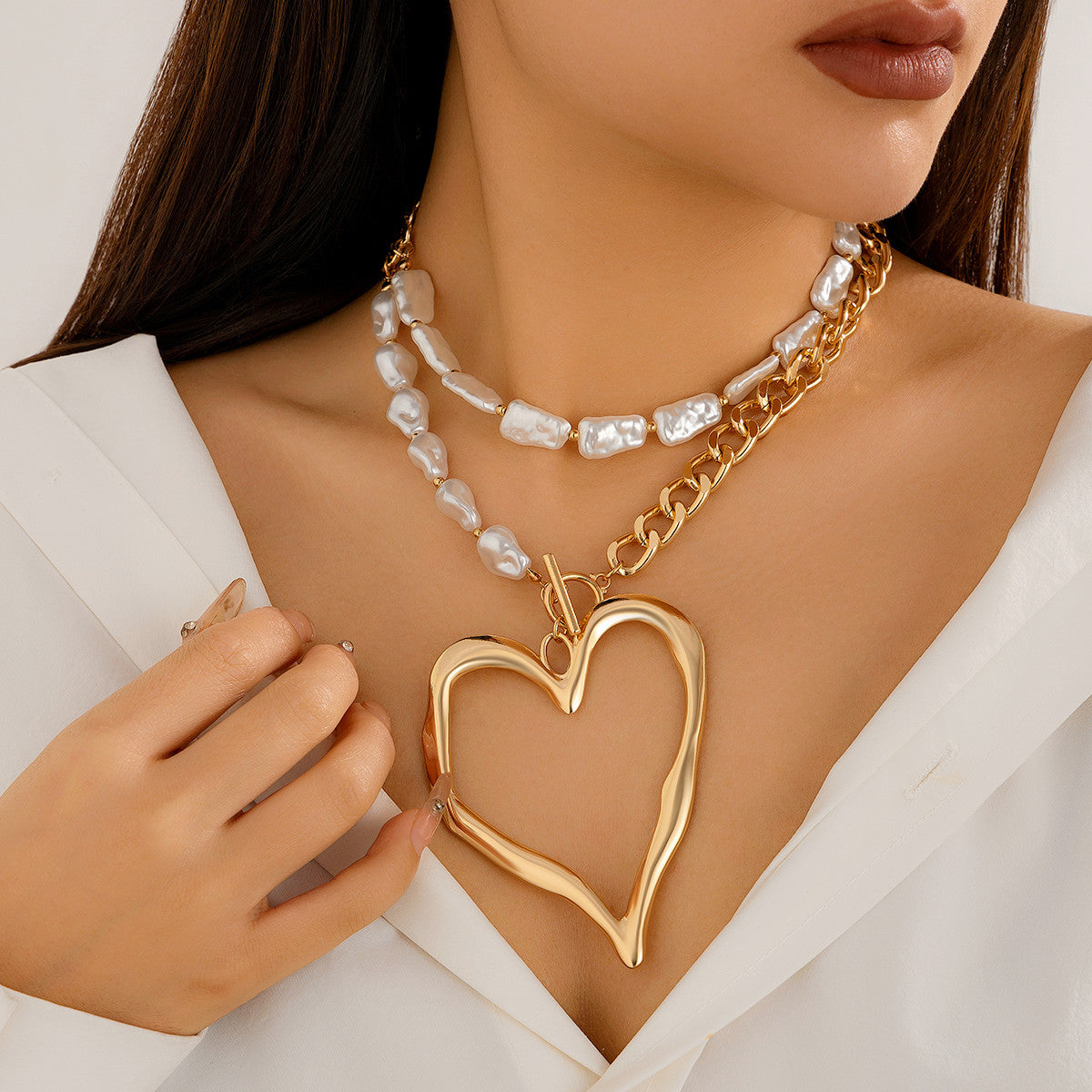 Heart-Shaped Gold Pearl Layered Necklace