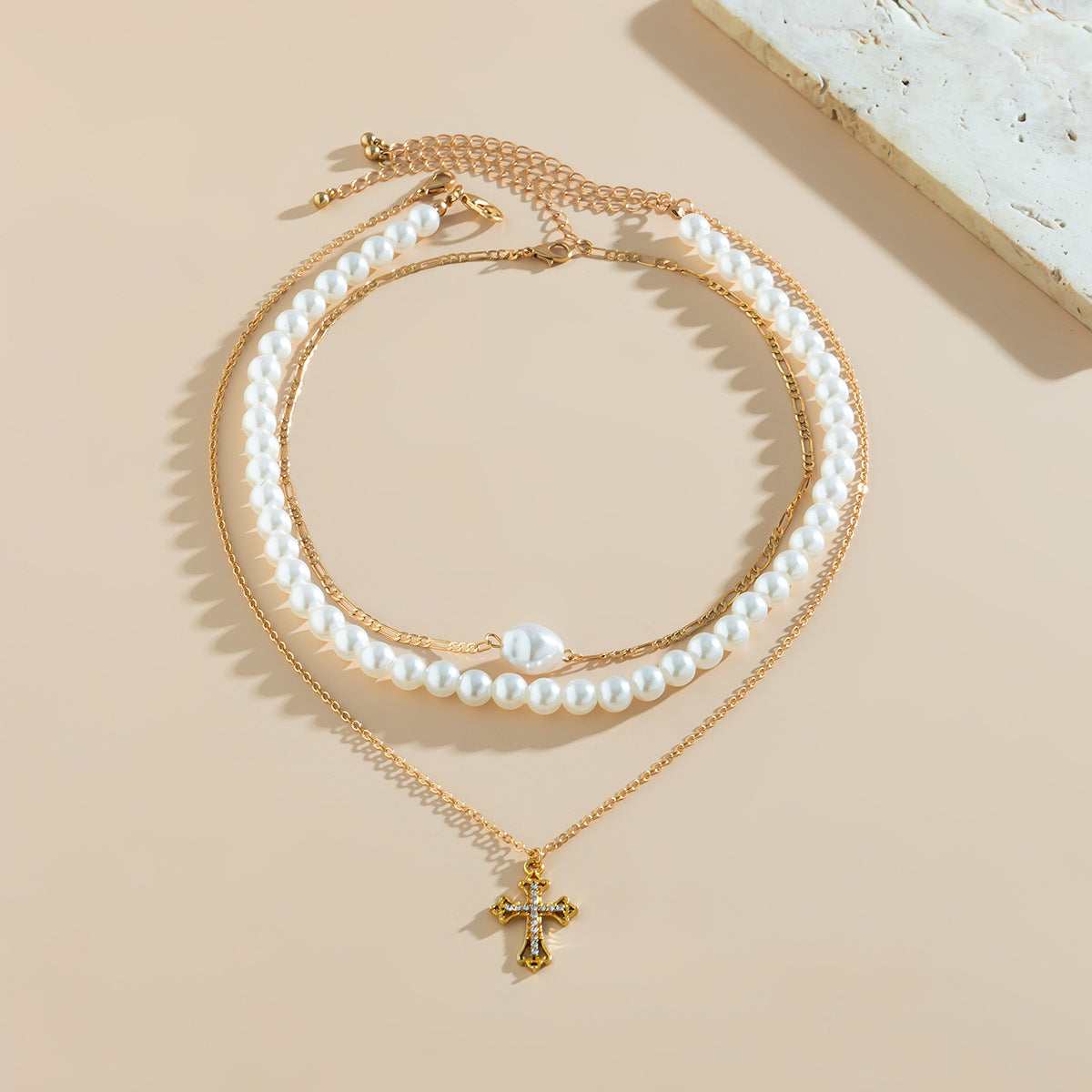 Cross in Gold Pearl Necklace