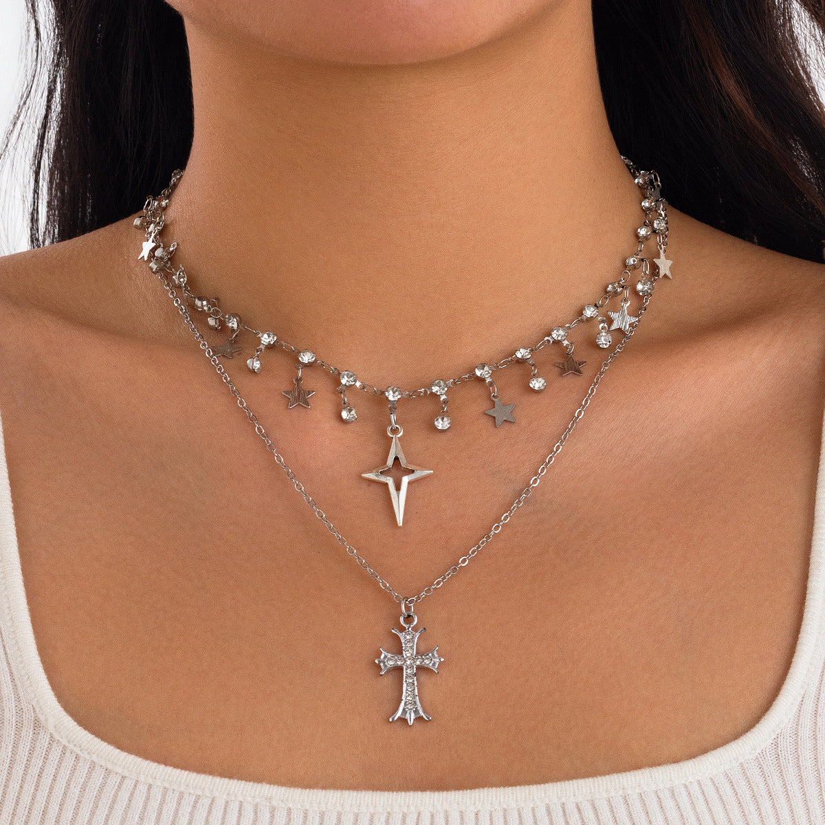 Cross pendant silver layered necklace