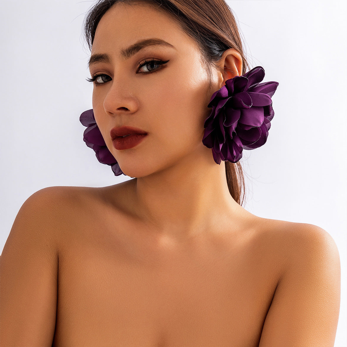 Purple Handcrafted Fabric Rose Earrings For Women